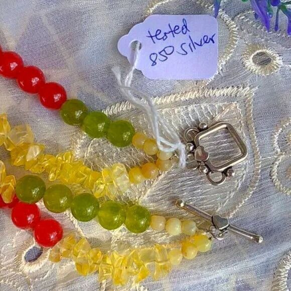 Vintage Peridot, Carnelian & Citrine Gemstone Necklace 850 Silver - Picture 5 of 11